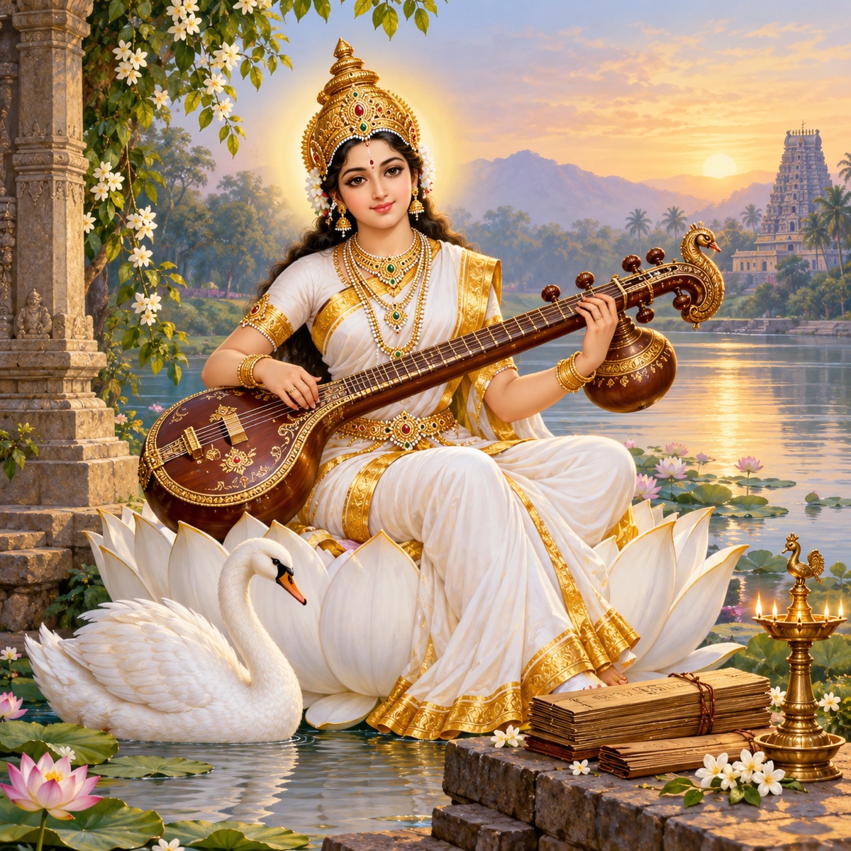 Original devotional illustration of Goddess Saraswati with the veena.