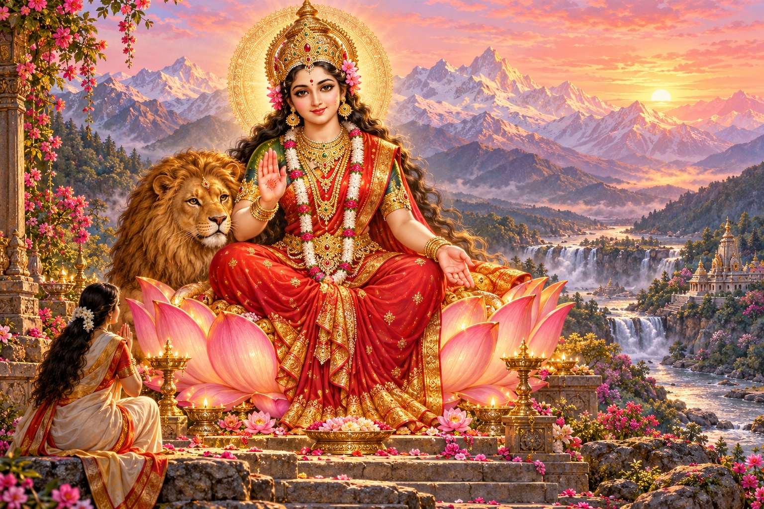 Goddess Bhavani offering protection and compassion in a lamp-lit mountain shrine, an original devotional illustration.