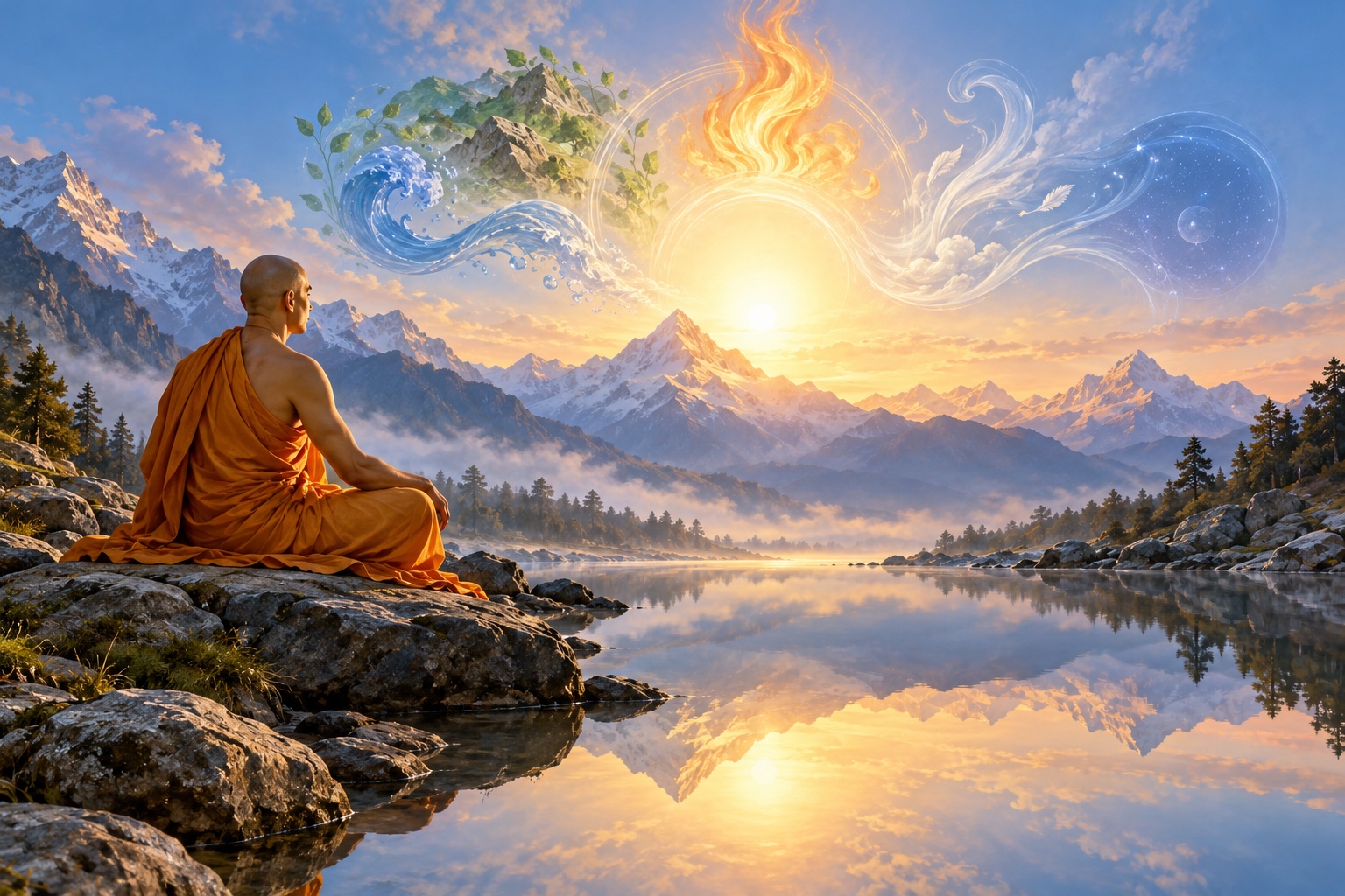 A contemplative renunciate beside a river at dawn, an original illustration for the Advaita teaching of Dasha Shloki.