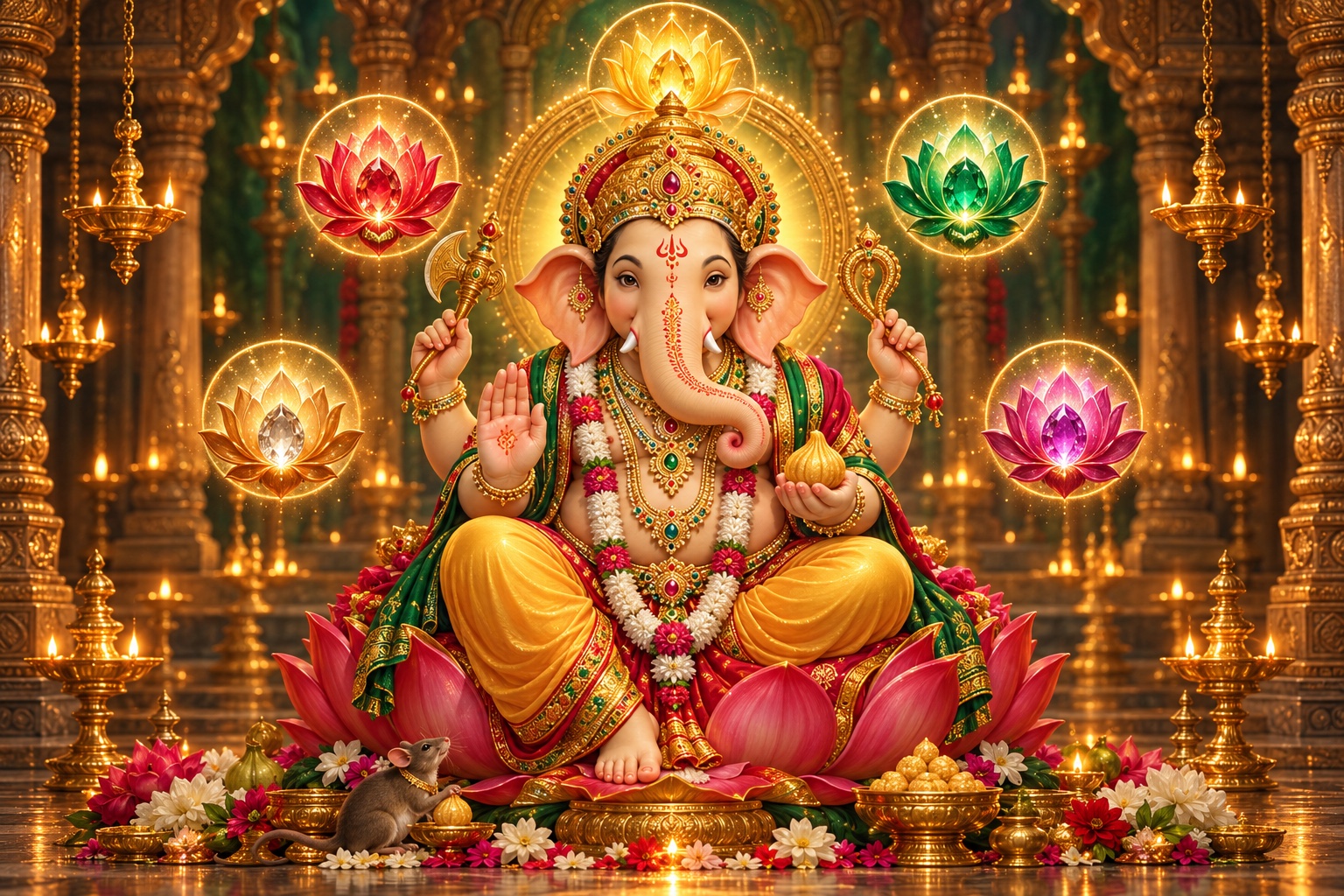 Lord Ganesha seated beneath a flowering tree with devotees offering lamps, an original devotional illustration.