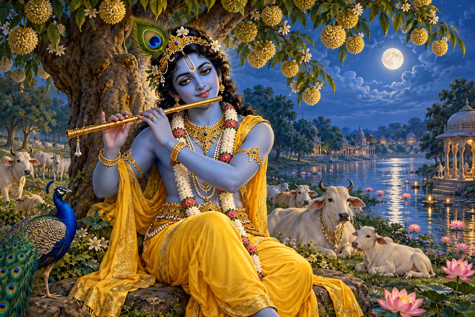 Krishna playing the flute beside the Yamuna with cows and peacocks, an original devotional illustration.