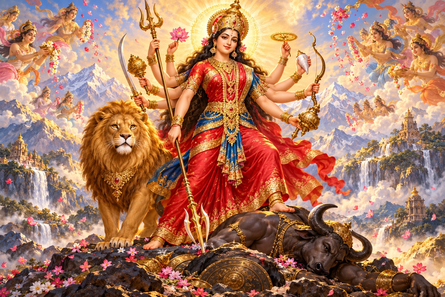 Original devotional illustration of Goddess Durga as Mahishasuramardini.