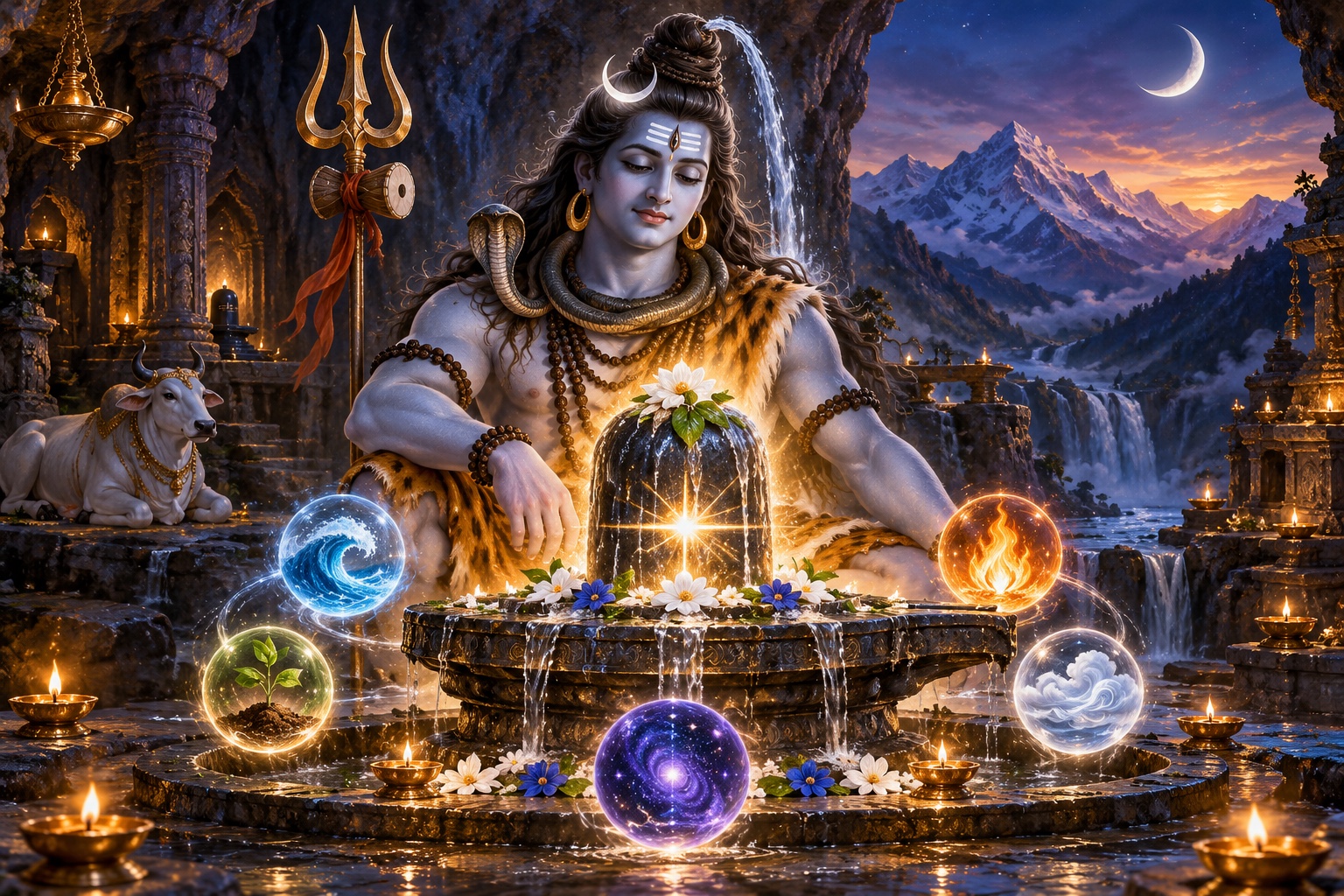 A radiant Shiva linga surrounded by five luminous syllable emblems in a Himalayan shrine, an original devotional illustration.