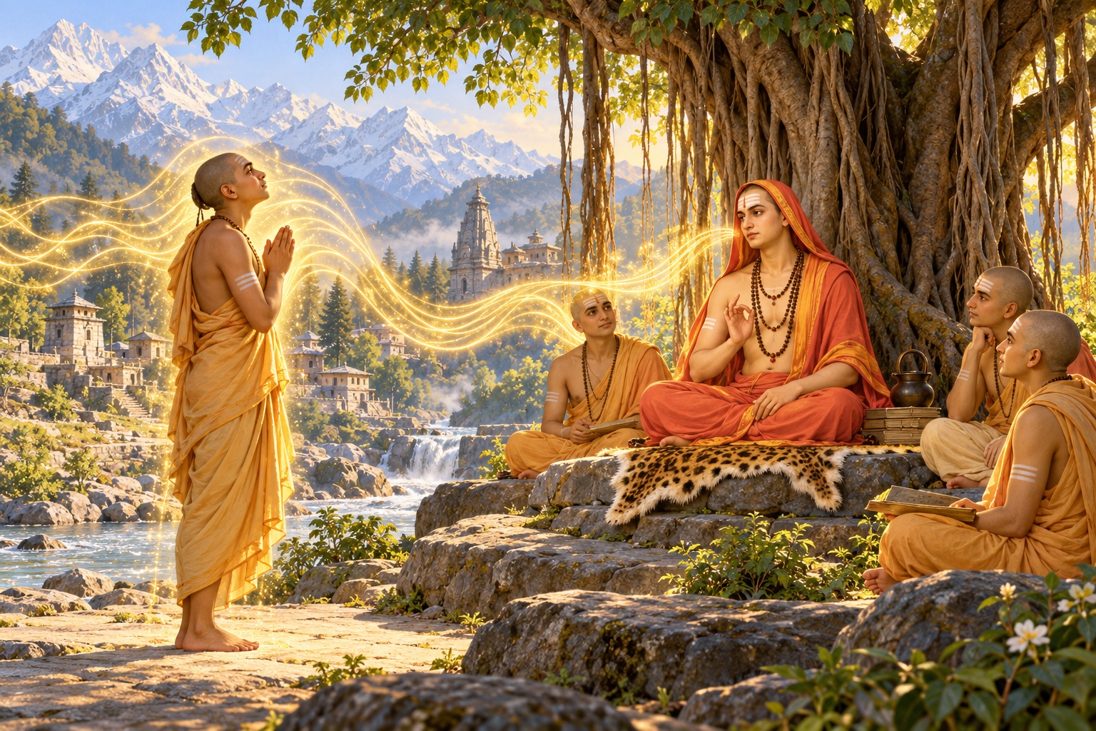 Toṭakācārya bowing before guru Ādi Śaṅkara and fellow disciples beside a river, an original devotional illustration.