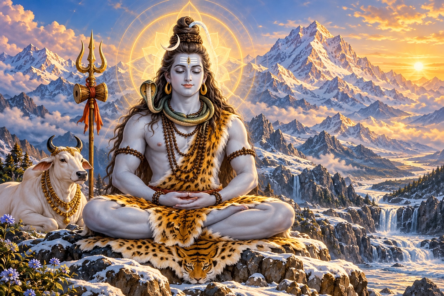 Lord Shiva in meditation with the Ganga flowing from his matted hair, an original devotional illustration.