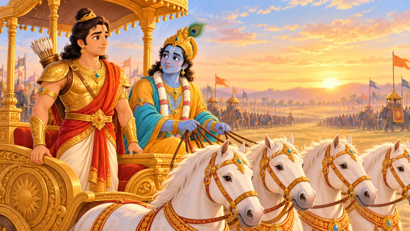 Arjuna and Krishna standing together in their golden chariot at sunrise.