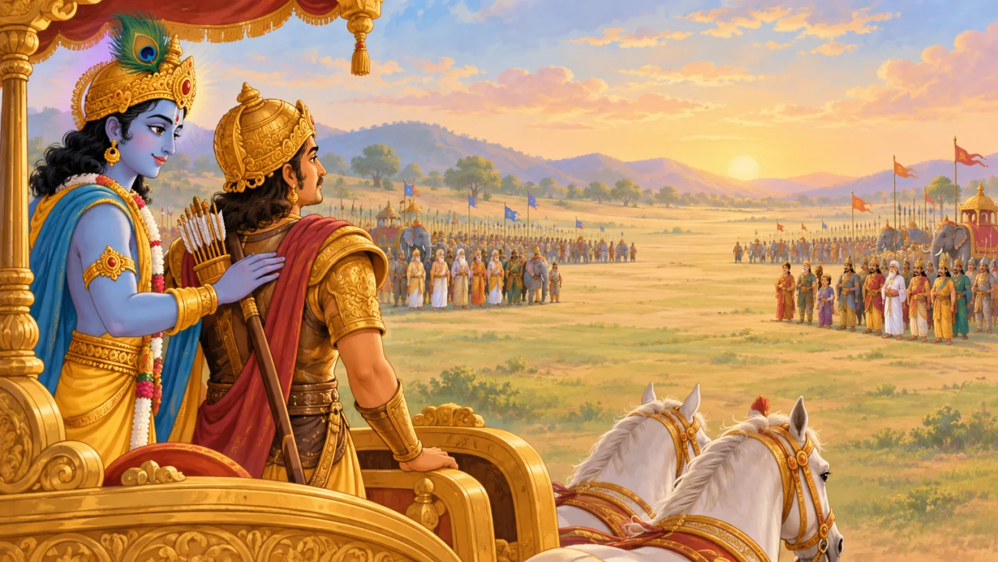 Arjuna looking across the field while Krishna stands supportively beside him.
