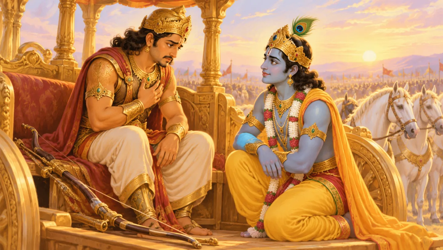 Arjuna sitting with one hand on his heart while Krishna listens kindly.