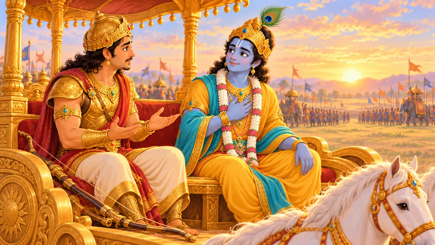 Arjuna speaking honestly with open hands while Krishna listens warmly.