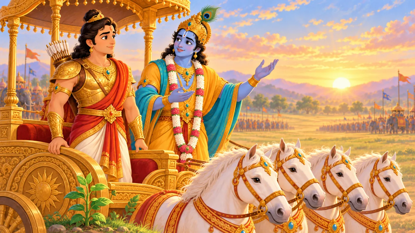 Krishna teaching gently while Arjuna listens with a calm and hopeful smile.